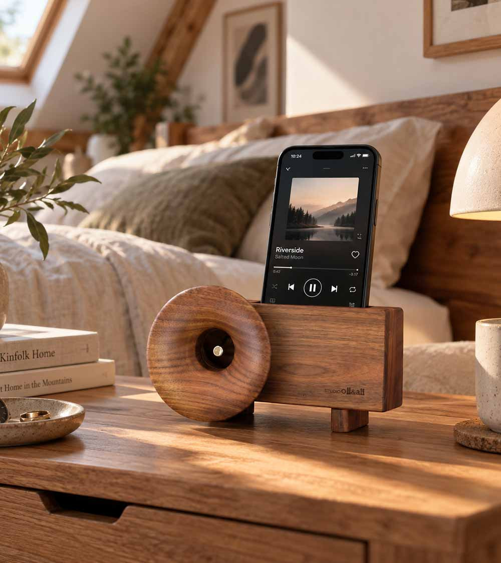 Ollim KB01, support smartphone acoustique en bois de noyer