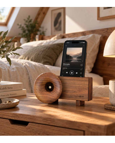 Ollim KB01, support smartphone acoustique en bois de noyer