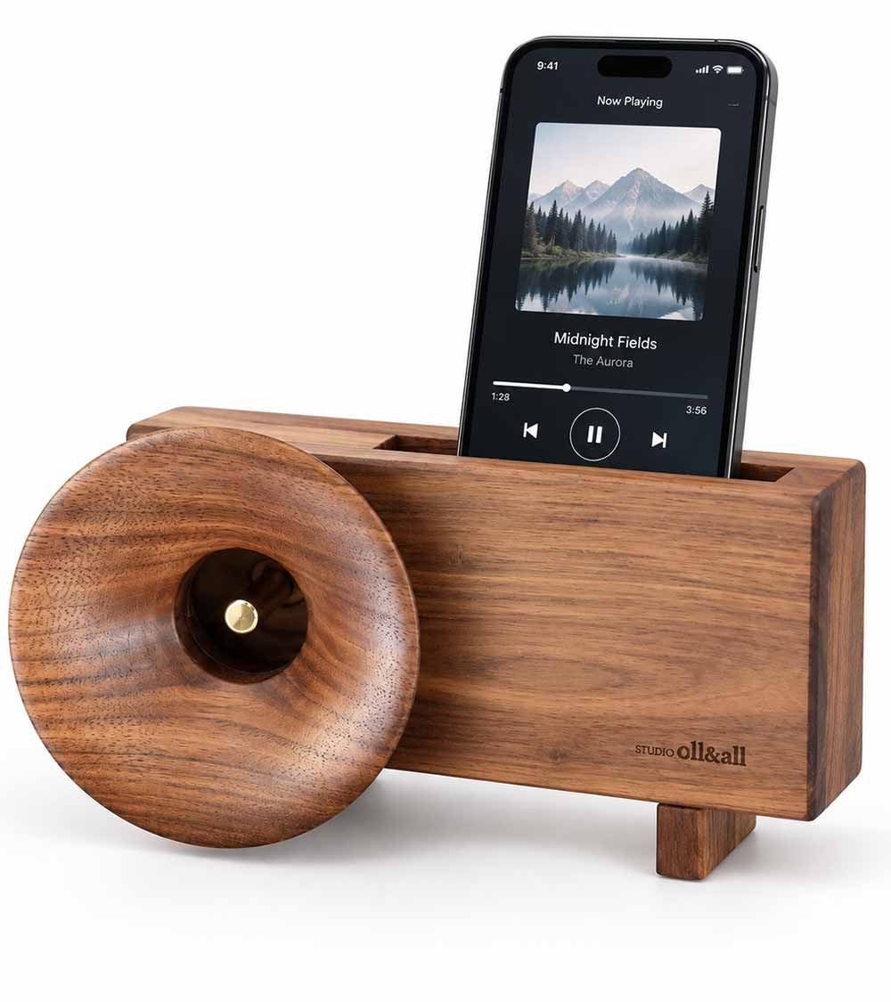 Ollim KB01, support smartphone acoustique en bois de noyer